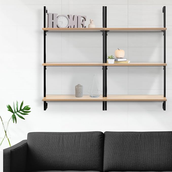 happimess MSH1000B Madera 40.55" Classic Industrial 3-Shelf Wood Wall-Mounted Open Ladder Bookcase with Metal Frame, Light Oak/Black