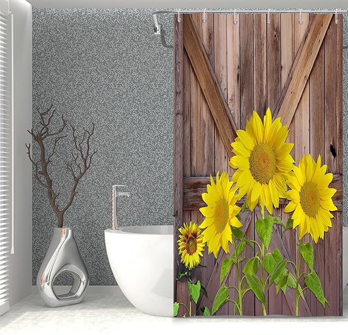 Rustic Farmhouse Shower Curtain - Yellow Sunflowers, Vintage Wood Door, Retro Country - Washable Polyester Durable Fabric With Hooks, 36x72 Inch
