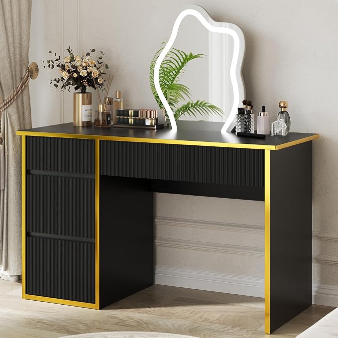 4 EVER WINNER Computer Desk with Drawers, 47'' Fluted Small Desk for Bedroom, Wood Office Desk with File Drawers for Study, Living Room, Black and Gold