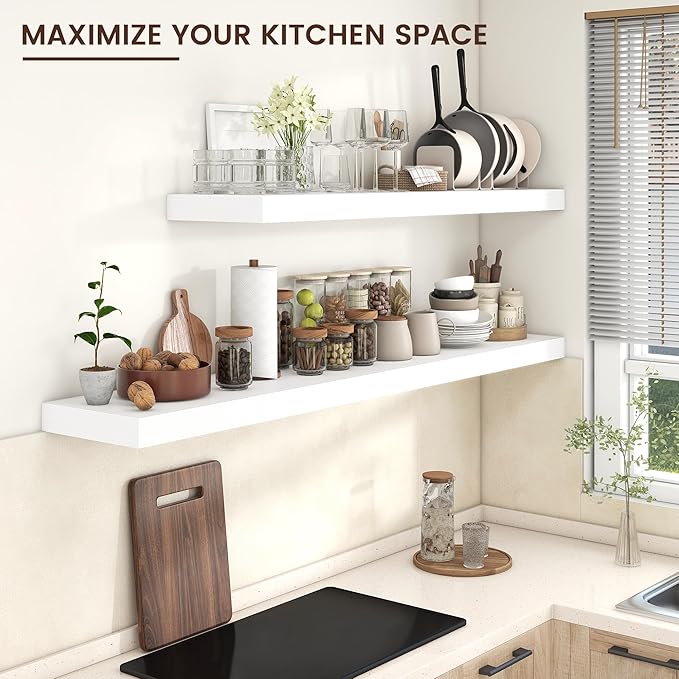 Floating Shelves for Wall, 72 Inch Wide x 12 Inch Deep Floating Shelves, Long Wood Floating Wall Shelf Shelves for Living Room Bathroom Bedroom Kitchen Home - (White, 72" W x 12" D x 2" H)