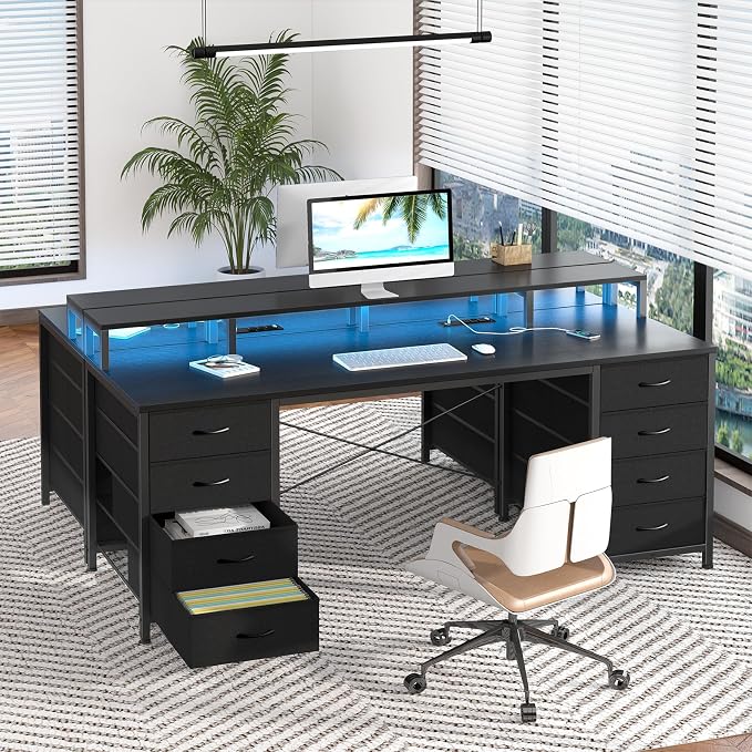 YOMILUVE 60 Inch Computer Desk with 8 Drawers, Gaming Desk with LED Lights & Power Outlets, Home Office Desk with Monitor Stand, Black