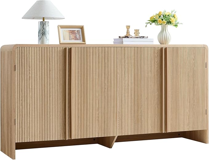 AMERLIFE 63" Fluted Sideboard Buffet Cabinet with Storage, Modern Credenza Console with 4 Doors & Adjustable Shelves, Wood Coffee Bar for Kitchen, Living Room, Hallway, Natural Oak