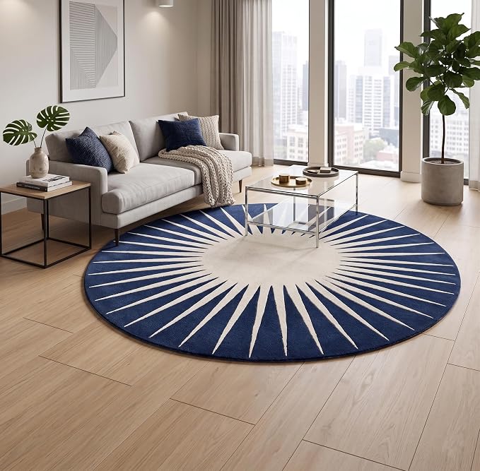 Restoration and Renovation Modern Round Area Rug – Hand-Tufted with 100% NZ Wool, Thick & Soft Circular Carpet for Living Room, Bedroom & Dining Room Decor (Navy Blue, 7' Round)
