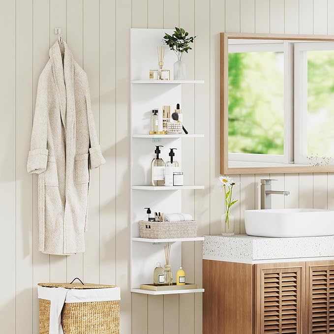 Giantex 5 Tier Wall Shelf Unit, Narrow Vertical Floating Shelves for Home Decoration and Storage Organizer, Lack Wall Shelf, Wall Mounted Display Shelves for Bedroom, Living Room, Bathroom, White