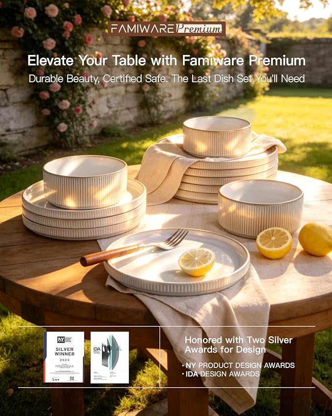 8-Piece Plates and Bowls Sets for 4, Cappuccino White | Handcrafted reactive glaze stoneware dinnerware. Chip & scratch resistant. Microwave & dishwasher safe. Everyday/formal use.