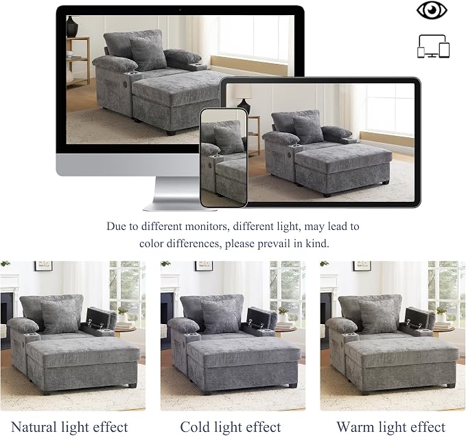 SUNWAVE 58" Chaise Lounge Chair with Ottoman, Chenille Fabric Sofa Bed, Accent Chair with Cupholders & USB Charging Ports for Living Room, Bedroom, Apartment (1 Chaise Misty Gray)