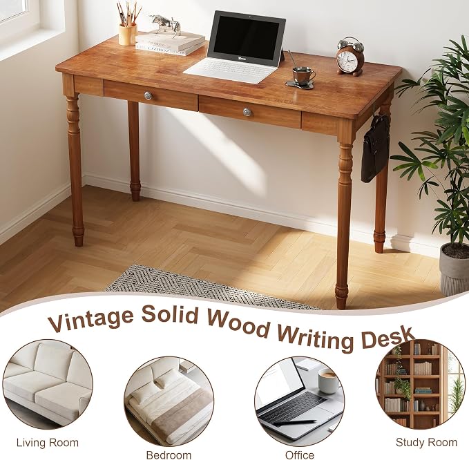 Vintage Solid Wood Writing Desk - 47.2" Mid Century Modern Desk with 2 Drawers, Wooden Computer Desks for Home Office, Large Secretary Desks, Traditional Vanity Dressing Table for Bedroom, Walnut