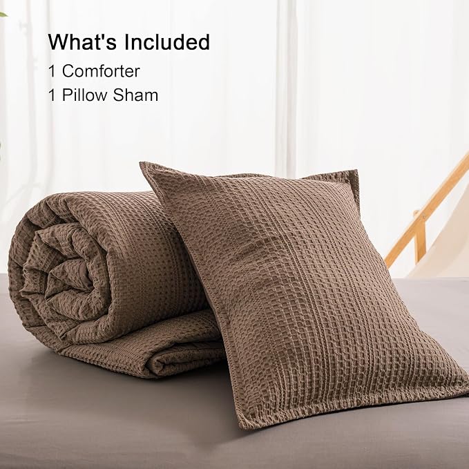 PHF Soft Waffle Comforter Set Twin Size- Comfy Breathable Waffle Weave Comforter with 1 Pillow Shams, 2 Pieces Less Snagging Lightweight Textured Bedding Set for All Season, Cocoa Brown