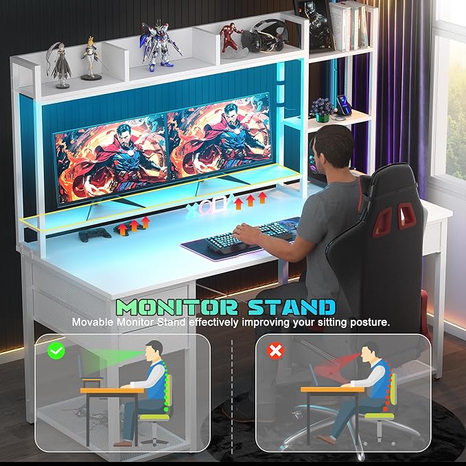 Aheaplus Desk with LED and Outlets, Gaming Desk with Hutch, 55.2'' Computer Desk with Drawers, Reversible Office Desk with Storage Bookshelf Large Workstation Desks with Shelf, Desk for Home, White
