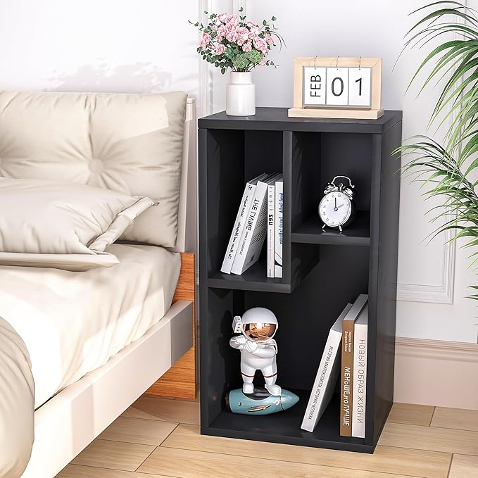 VECELO 3 Cube Small Bookcase, Fits Tallest Hardcovers, Horizontal Available, 2-Tier Modern Bookshelf, Storage Organizer for Small Spaces, Kids Room, Bedroom Living Room, Vintage Black