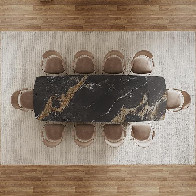 Extendable Dining Table with Leaf, 78"-110" Rectangular Sintered Stone, Marble-Look Top, Seats 6-14, Metal Base, Easy-Clean, Heat & Scratch Resistant, Dining Room/Kitchen Table for Family Gatherings