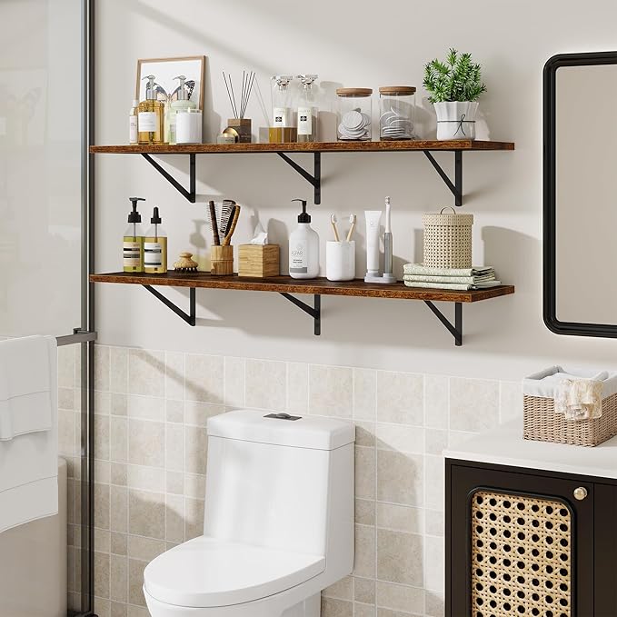 48inch Floating Shelves for Wall,10" Deep Floating Shelves with Metal Brackets,Wall Mounted Hanging Floating Shelf,Wide Display Shelves for Living Room,Bedroom,Office,Kitchen,Rustic Brown