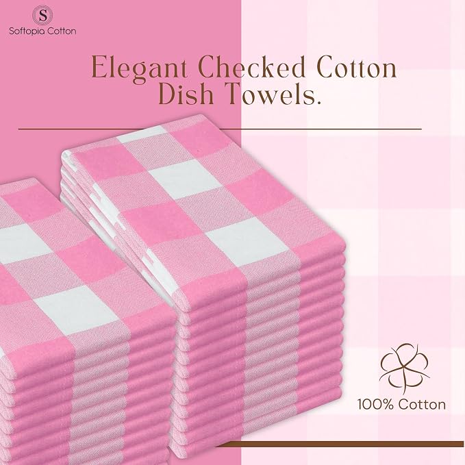 Buffalo Check 4 Pack Kitchen Towels, 16"x26", Plaid Dish Towels, 100% Cotton, Absorbent, Washable, Everyday Kitchen Essentials, Soft Cloths for Cleaning, Drying Hands, Pink White