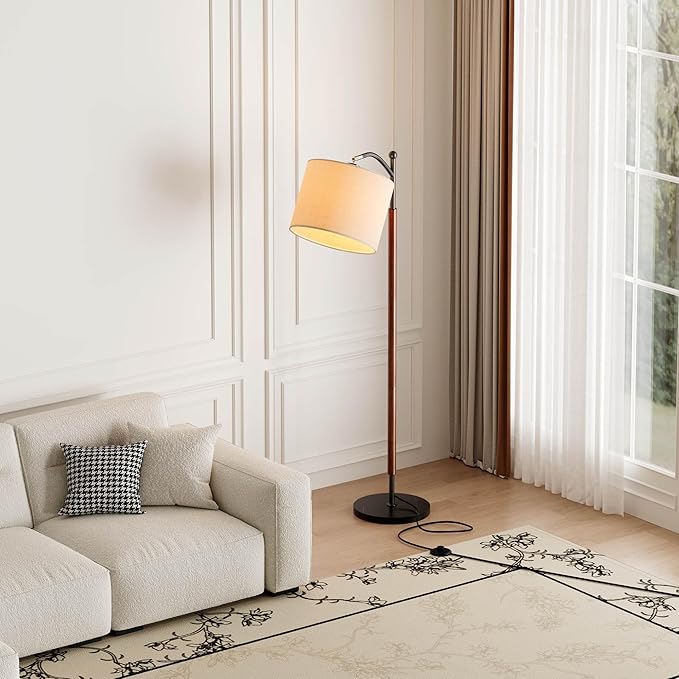 Arc Wood Floor Lamp, Corner Modern Mid Century Lamp with Linen Shade & Marble Base, Floor Lamp for Reading - Adjustable Standing Light for Living Room, Bedroom and Home Office, Walnut