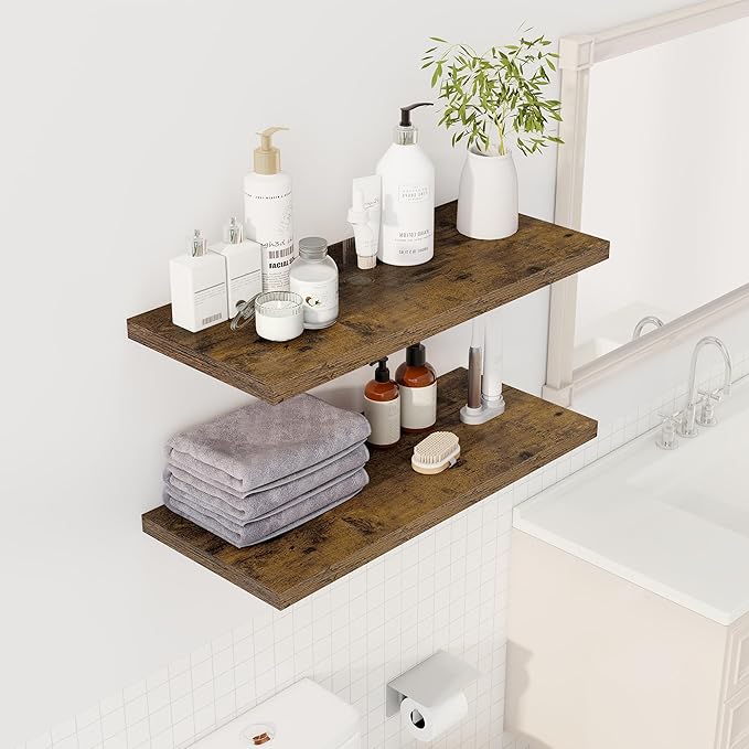 Dreamland 32" Floating Shelves for Wall, 12" Deep Slim Rustic Brown Floating Shelves, Wall-Mounted Shelves for Bedroom, Living Room, Kitchen, Bathroom - Set of 2