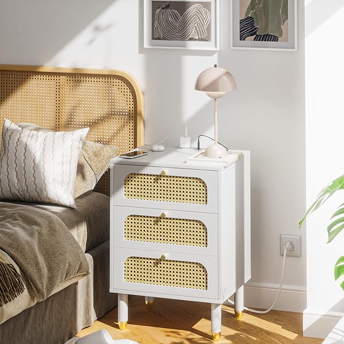 VINGLI Rattan Nightstand with Charging Station, 27" Tall White Nightstand with 3 Drawers for Bedroom, Boho Mid Century Modern Bed Side Table/End Table (White, 2 Pack)