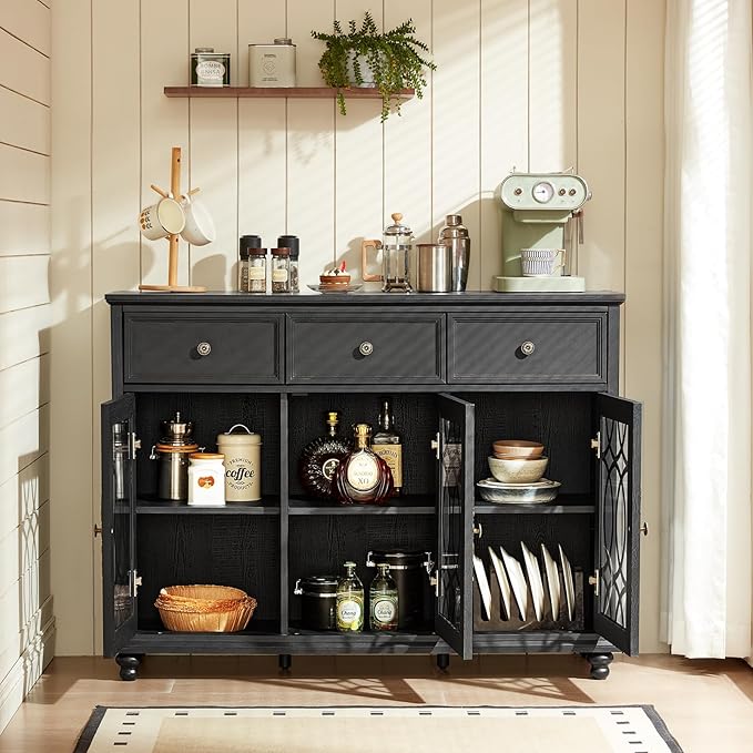 Large Sideboard Buffet Cabinet Set of 2 with Storage,48" Credenza with 3 Glass Doors & 3 Drawers,Adjustable Shelves Coffee Bar,Wood Kitchen Console Table for Dining Room,Black