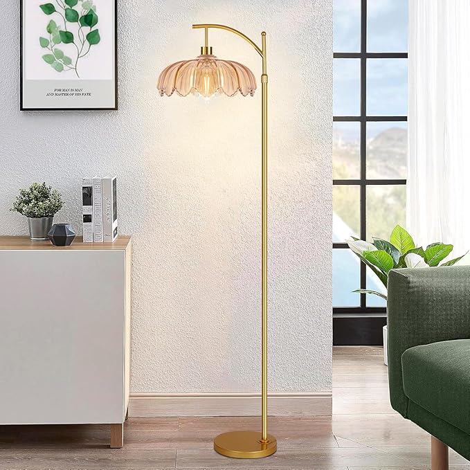 Floor Lamp for Living Room,Bedroom,Gold Dimmable Standing Lamp with Remote,Mid Century Modern Brass Tall Lamp Retro Vintage Glass Lamp Floor Light Boho Bohemian