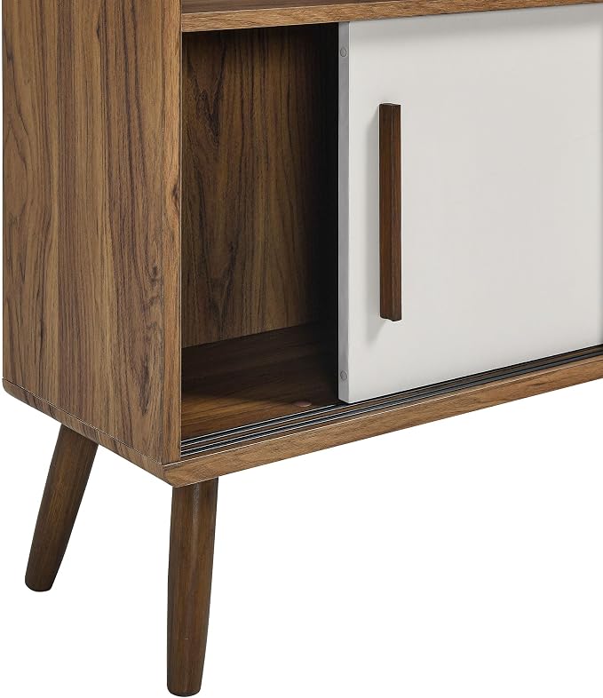 Modway Transmit 14 Shelf Bookcase with Sliding Doors in Walnut Linen - 59 Inch Wood Mid-Century Modern Bookshelf - 4 Tier Wide Open Display Storage Cabinet for Living Room, Office, Hallway