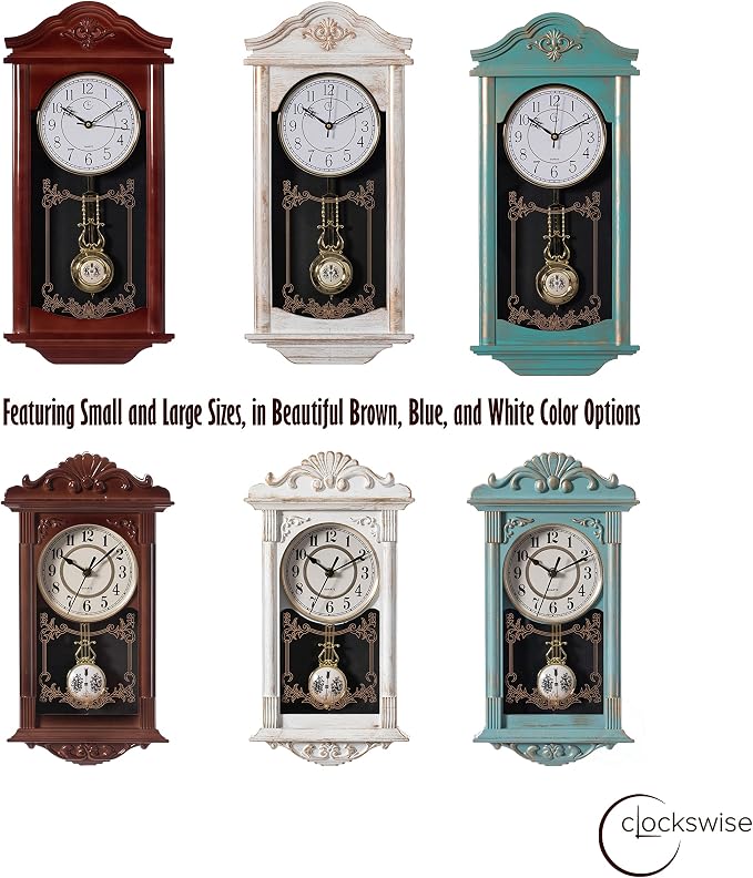Clockswise Vintage Grandfather Wood - Looking Plastic Antique Pendulum Wall Clock for Living Room Decor, Kitchen, Office, Or Dining Room, Silent Wall Mount Battery-Operated (White)