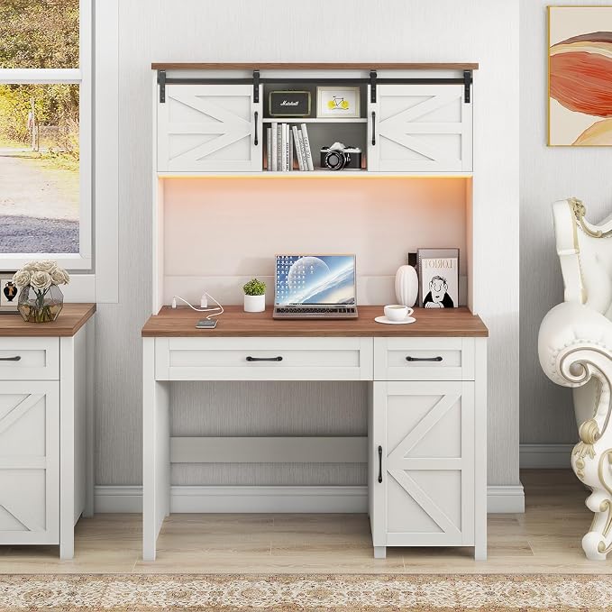 Vabches Farmhouse 47" Executive Desk, Computer Desk with 2 Drawers, Storage Cabinet and LED Light,Charging Hub, Home Office Desk with Hutch, Workstation for Home Office and Study(Unique White).