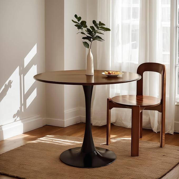 Modern 31.5" Round Tulip Dining Table Walnut Mid Century Pedestal Table for 2–4 Small Kitchen Table Apartment Breakfast Nook Compact Dining Room(No Chairs)