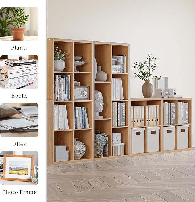 Cube Storage Organizer Bookcase, Decorative 11 inch Open Back Cubical Shelf with Thickened Border, Display Bookshelf for Living Room, Home Office, Sturdy Room (Natural Oak, 7 Cube)