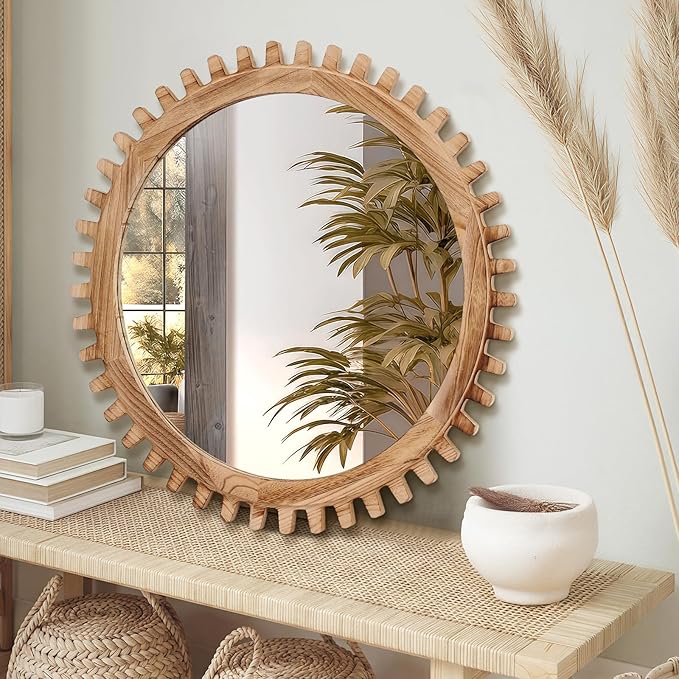 ULIKE Round Wood Mirror, 24 Inch Rustic Farmhouse Circle Mirror with Wooden Frame, Mordern Wall Decor for Bathroom Nursery Bedroom Living Room Entryway, Brown