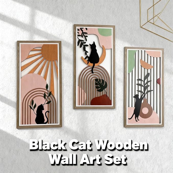 Boho Black Cat Wall Art for Living Room - 3Pcs Cat & Sun Wood Wall Decor, Minimalist Geometric Black Cat Design, Rustic Bohemian Hanging Art for Women, Homeowners, Renters, Bedroom, Bathroom, Office, Housewarming Gift for Cat Lovers