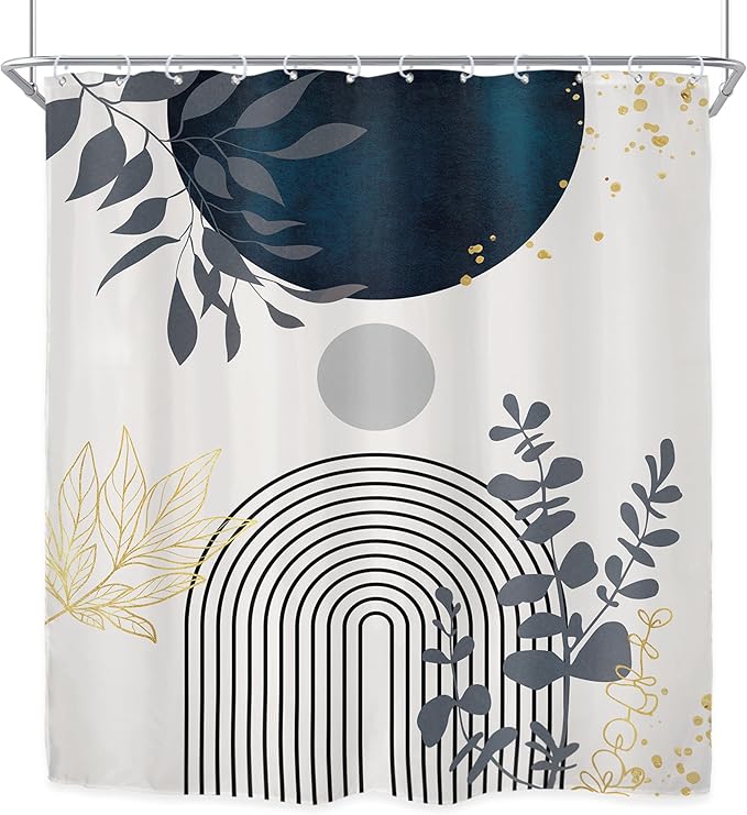 Riyidecor Navy Blue Boho Mid Century Shower Curtain for Bathroom Decor 72Wx84H Extra Long Modern Abstract Gold Leaves Minimalist Geometric Art Printed Fabric Polyester Waterproof 12 Pack Plastic Hooks