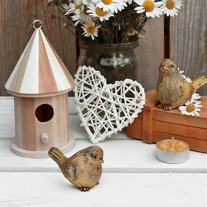 Blulu 2 Pcs Gold Bird Figurines Home Decor Resin Bird Statue Vintage Farmhouse Decoration Boho Animal Decorative Sculpture Gifts for Home Table Office Shelf Tabletop Accents