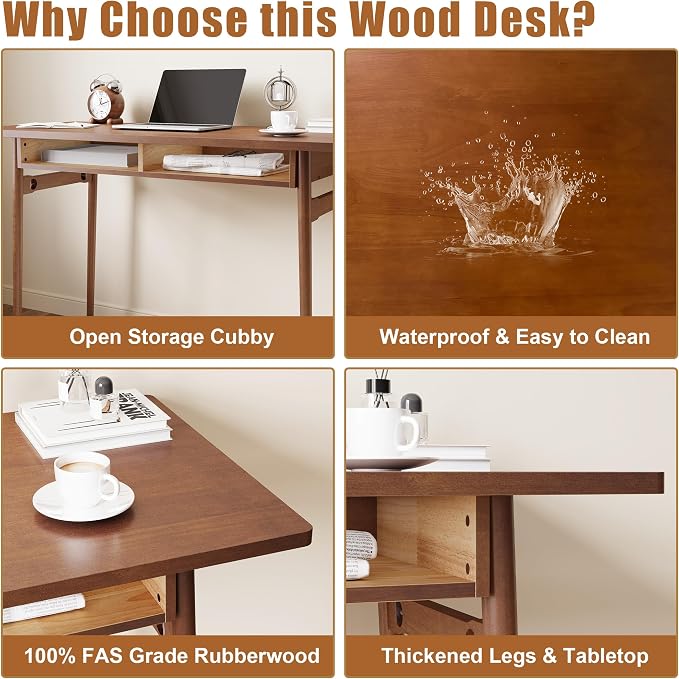 Solid Wooden Desk with Open Storage Cubby - 47.2” Mid Century Modern Desk, Writing Desks for Small Spaces, Rubber Wood Study Table, Home Office Computer Desks for Bedroom & Home, Walnut Color