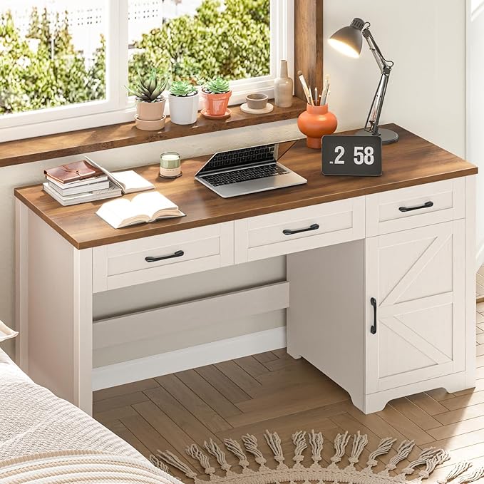 Vabches Farmhouse 55" Executive Desk,Computer Desk with 3 Drawers and Storage Cabinet,Home Office Desk for Work and Study