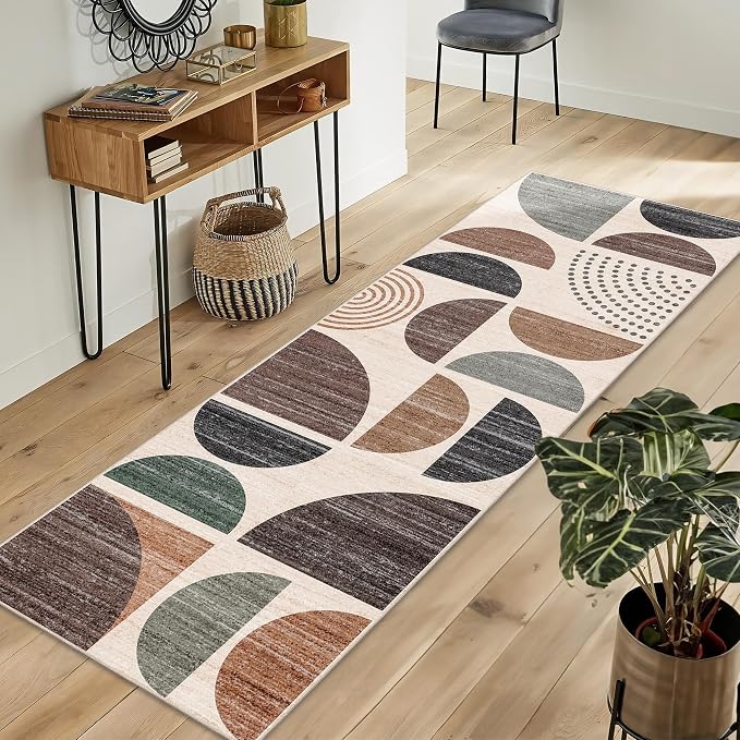MUJOO Runner Rug Washable,2x6 Area Rugs for Hallways Kitchen Bathroom Bedroom Entryway,Non Slip Carpet Long Mat Indoor,Boho Soft Modern Abstract Brown