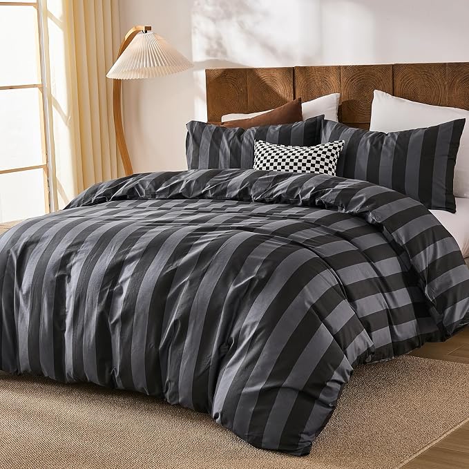 Merryword Black and Gray Striped Duvet Cover Set Queen Size - 100% Cotton Bedding Set with Zipper & Corner Ties, 3-Piece Luxury Linen Like Bedding Set for All Seasons
