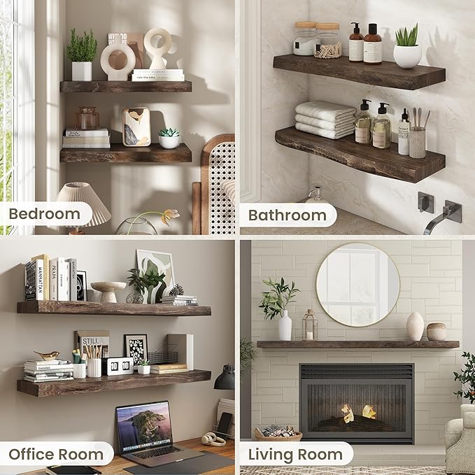 Fun Memories Floating Shelves for Wall Decor Set of 2-36 Inch Solid Elm Wood Live Edge - Rustic Walnut Wall Shelves with Invisible Brackets - for Living Room, Bedroom, Kitchen - Walnut Finish