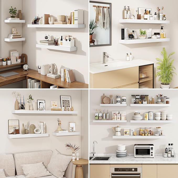 fuqing Floating Shelves for Wall, Wall Mounted Wood Floating Shelf with Invisible Brackets for Living Room, Bathroom, Bedroom, Kitchen Storage and Decor, 24 Inch Set of 2, White