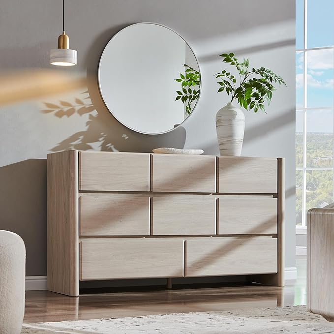 Modern 8 Drawers Dresser for Bedroom, 55" Wide Dresser w/Large Storage & Rounded Corner, Wood Handleless Chests of Drawers w/Natural Texture for Bedroom, Hallway, Living Room-Cream