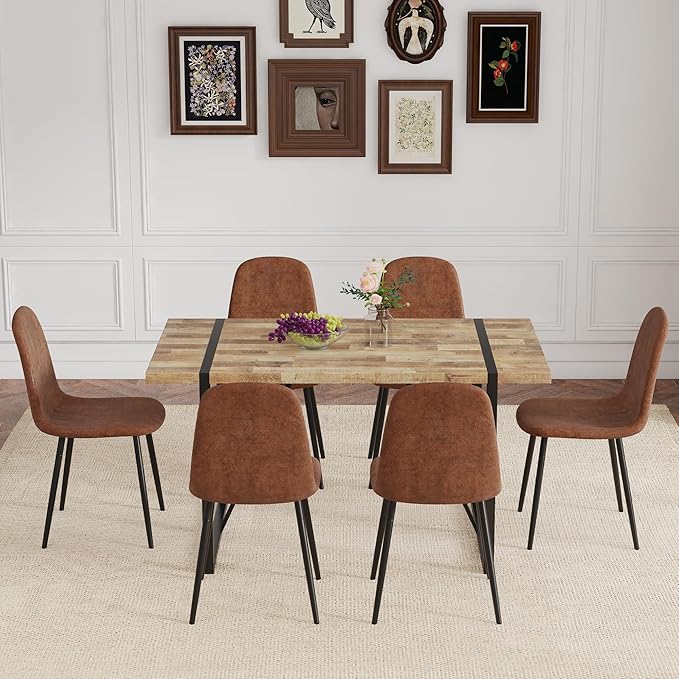 6 Chair Dining Table Set,Dinner Table Set for 6, 55'' Kitchen Table and PU Leather Chairs Set of 6, 7 Piece Dining Table Set for Kitchen Dining Room