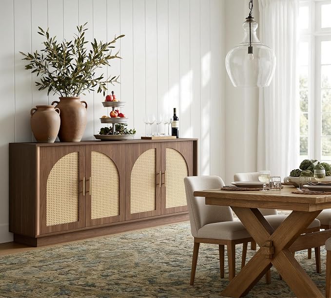 FORTUNETEC 63" Sideboard Buffet Cabinet with Storage, Modern Accent Cabinet with Rattan Arched Doors, Modular Media Console, Boho Credenza for Living Room Kitchen Dining Room Entryway, Walnut