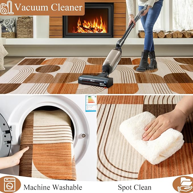 Machine Washable 2x6 Runner Rug, Soft Modern Geometric Abstract Orange Rugs for Bedroom Living Room, Non-Shedding Faux Wool Indoor Throw Floor Carpet for Office Entryway Dining Room Decor