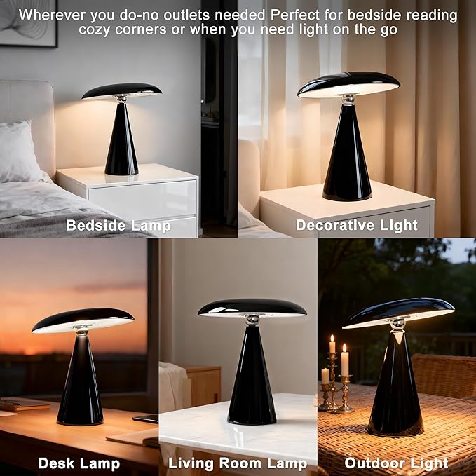 Mushroom Lamp Mid Century Modern Table Lamp, LED Cordless Rechargeable Bedside Light, Dimmable Touch 3-Color Temp, Retro Small Lamp for Bedroom, Living Room,Aesthetic Decor(Black)