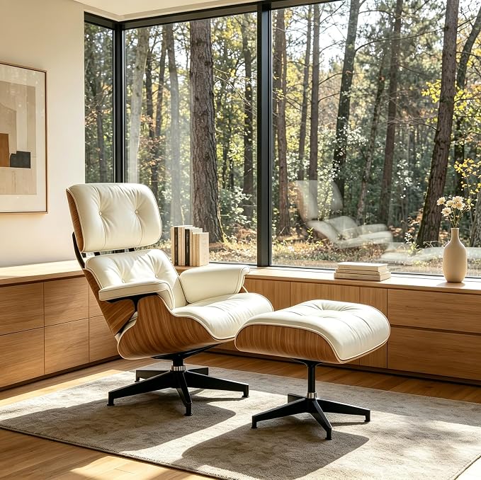 Mid Century Chaise Lounge Chair with Ottoman, Modern Retro Classic Design, PU Leather & Walnut Wood, Heavy Duty Metal Support, Comfortable for Living Room Bedroom Office(White-Standard)
