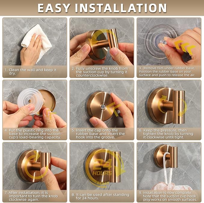 Suction Cup Hooks for Shower - Bathroom Reusable Hooks for Towels, Robes & Loofah - No-Drill Mounting on Kitchen,Walls,Metal,Glass,Mirrors,Tile & Smooth Non-Porous Surfaces (2, Champagne Bronze)
