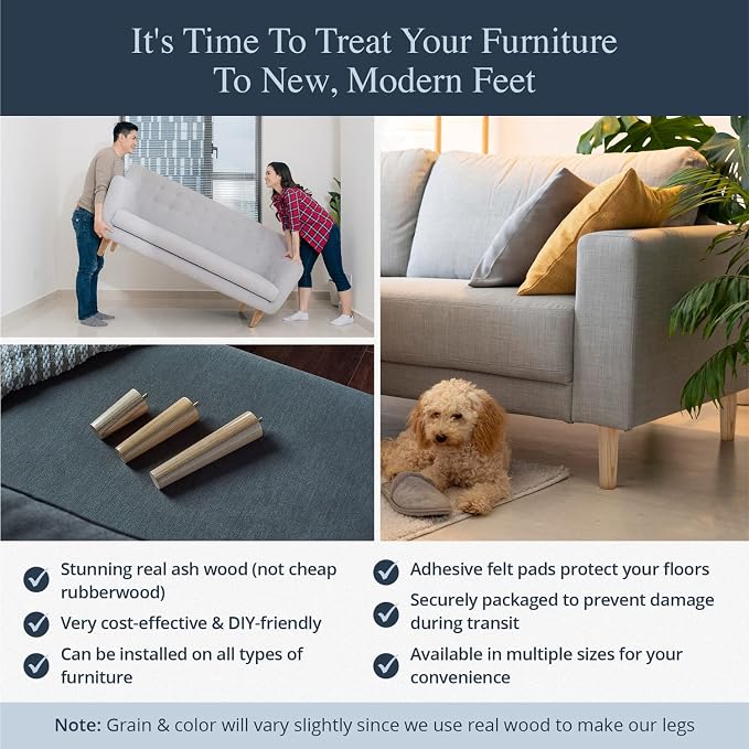 Airy Abode Premium Ash Wood Furniture Legs (Full Install Kit) - Pick Your Size and Color