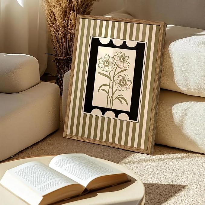 Modern Boho Flower Wall Art Abstract Plant Floral Wall Decor Painting, Vintage Botanical Striped Poster Canvas Print Picture for Living Room Bedroom 12x16 inch Wood Framed
