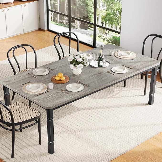 IDEALHOUSE 79" Dining Table for 6-8 People, Modern Rectangular Kitchen Table with Sturdy Metal Legs, Large Wood Farmhouse Dining Room Table for Home Office, Conference, Black & Greige