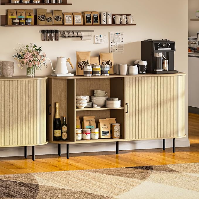 PUKAMI 55" Wood Buffet Sideboard Cabinet with Storage, Mid-Century Modern Coffee Bar Cabinet with Sliding Doors & Shelves, Accent Credenza Console Table for Kitchen, Dining Room, Entryway (Oak)