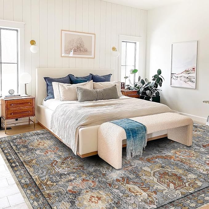 RUGSURE Washable Area Rugs - Perfect for Living Room, Bedroom, Kids Room, Nursery - Stain & Water Resistant Non-Slip, Pet & Child Friendly, Vintage Tribal Area Rugs (Turmeric and Grey, 8' x 10')