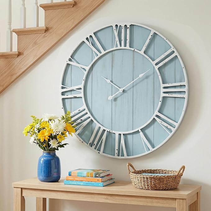 Large Farmhouse Wall Clock 30 Inch Vintage Blue Wooden Wall Clock with Quiet Ticking and Minimalist Roman Numerals for Bedroom Living Room Office Kitchen Home Decor, Battery Operated